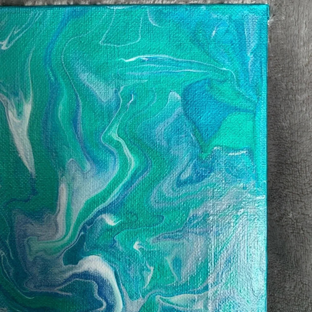 Teal, Blue, White and Green Paint Pour - 8”x8” canvas board - Picture 5 of 8